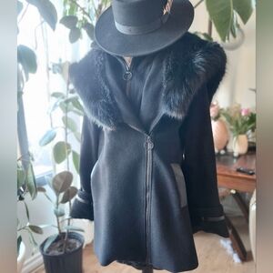 SAGA 80s 90s VINTAGE Elegant Black Fox Fur-Trimmed Women's Coat Cashmere WOOL Lg